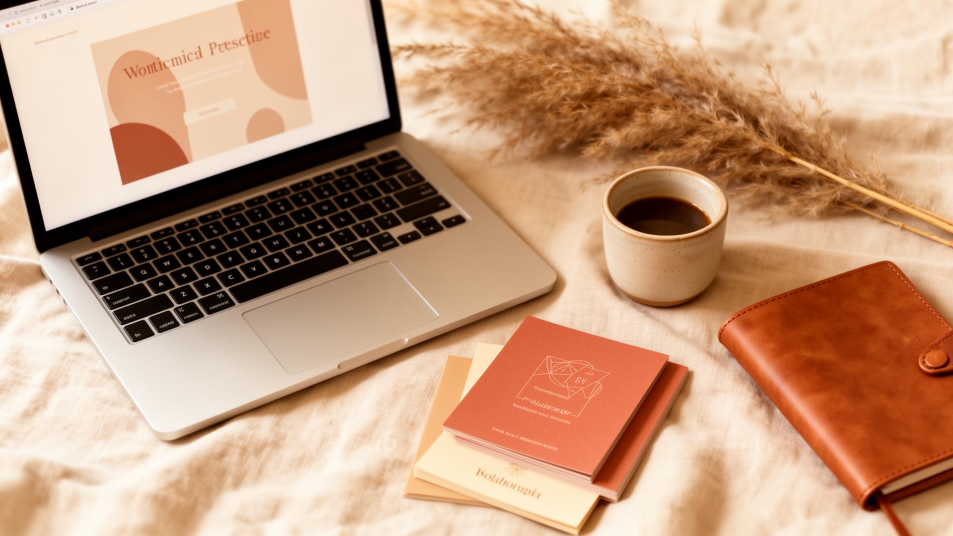 Warm workspace with laptop, postcards and coffee